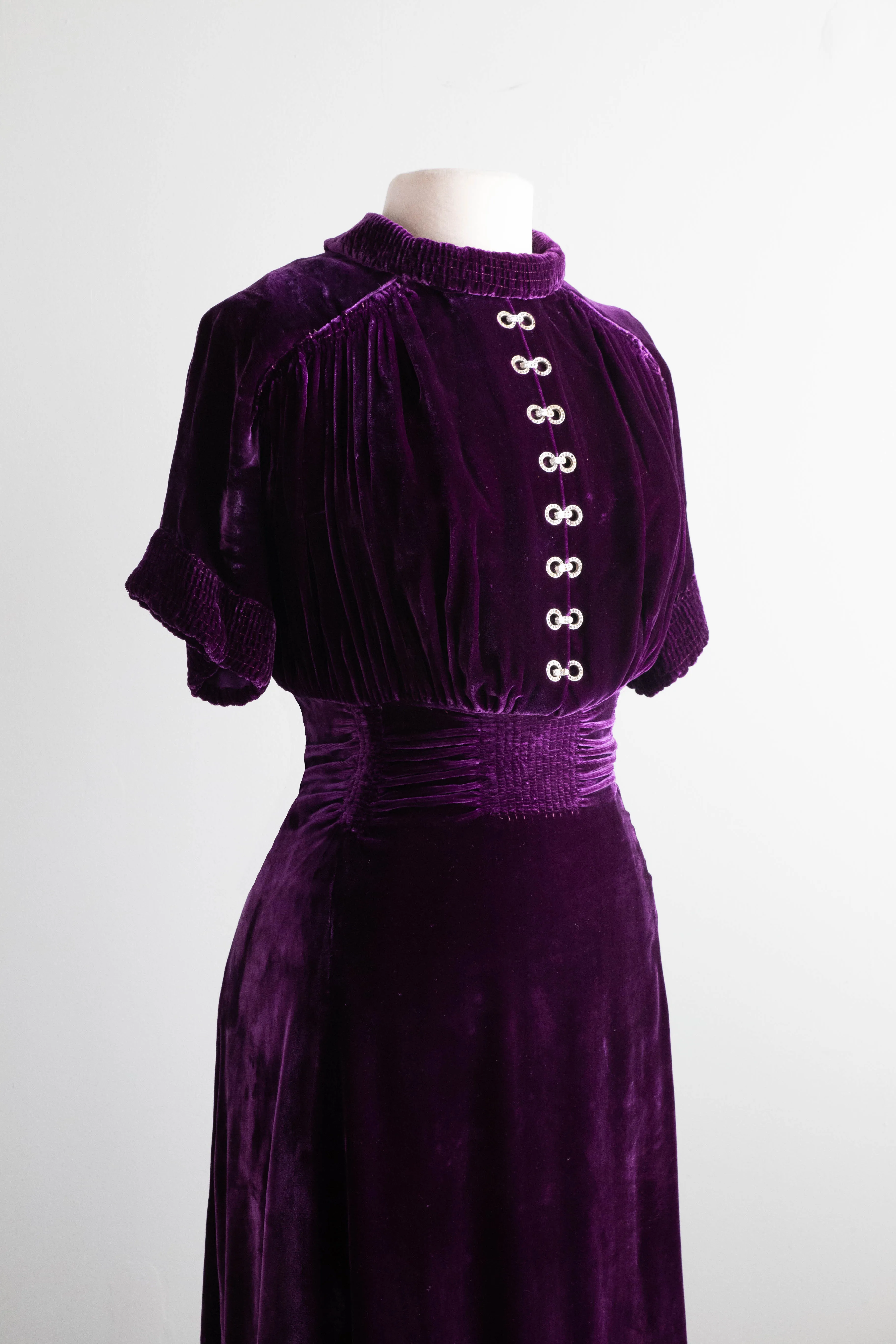 1930's Royal Purple Silk Velvet Evening Dress With Pave Rhinestones / ML
