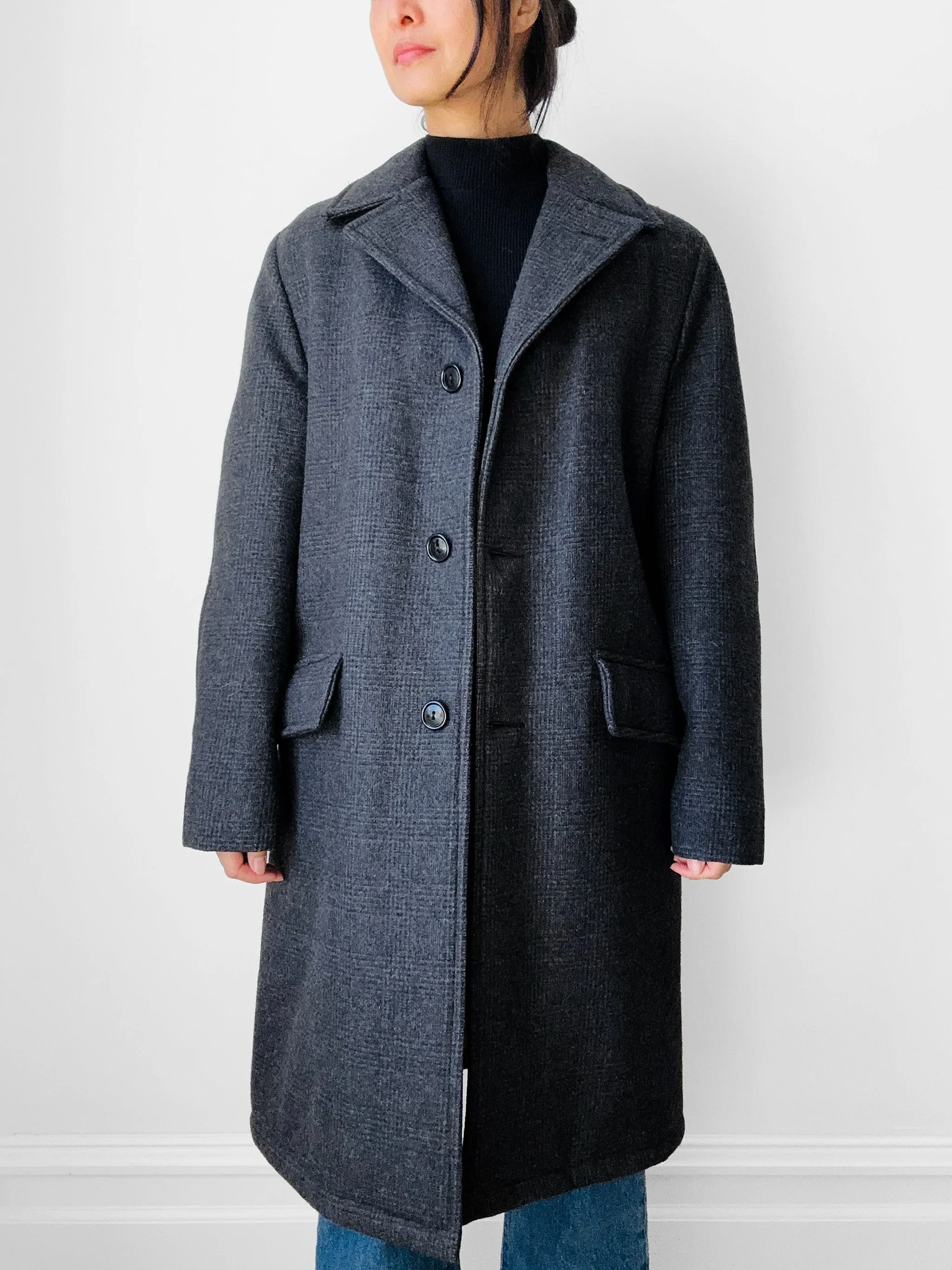 1950s-1960s Charcoal Grey Quilted Faux Fur Interior Wool Plaid Coat - Sz. S/M