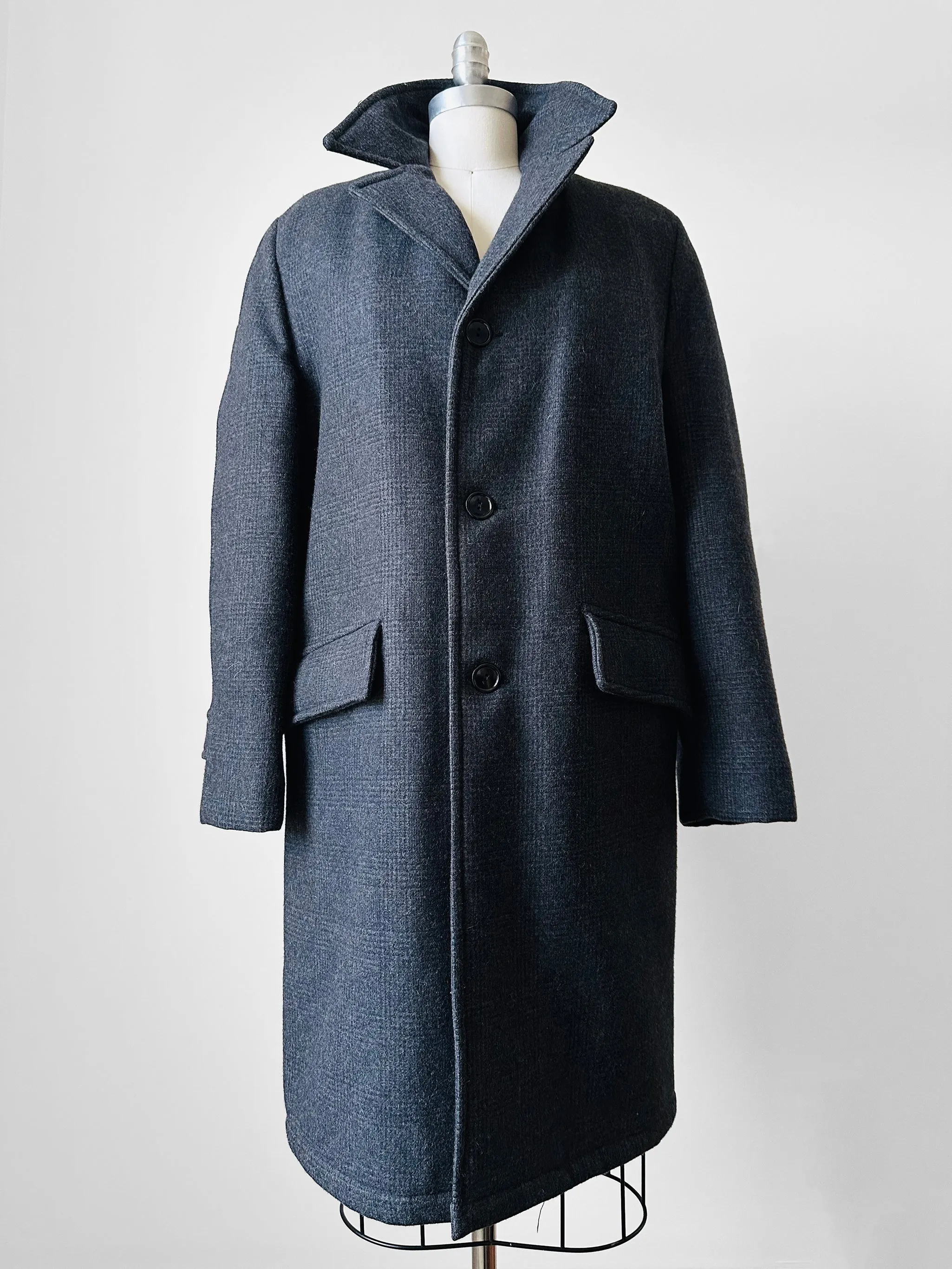 1950s-1960s Charcoal Grey Quilted Faux Fur Interior Wool Plaid Coat - Sz. S/M