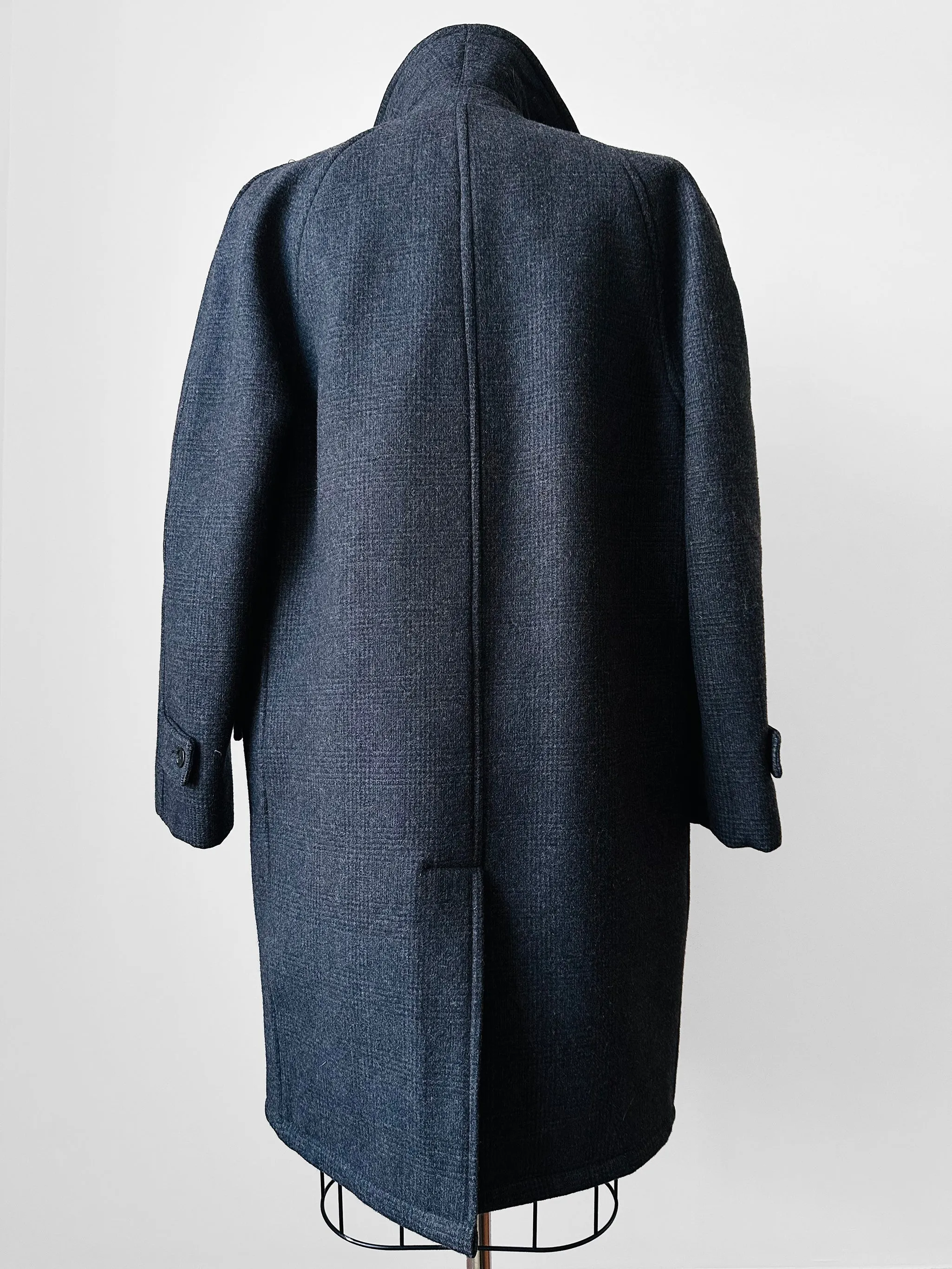 1950s-1960s Charcoal Grey Quilted Faux Fur Interior Wool Plaid Coat - Sz. S/M
