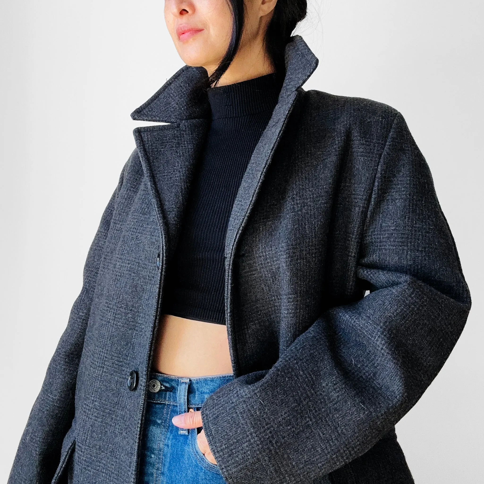 1950s-1960s Charcoal Grey Quilted Faux Fur Interior Wool Plaid Coat - Sz. S/M