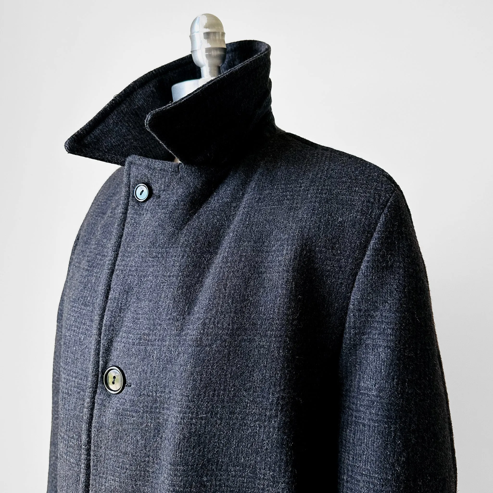 1950s-1960s Charcoal Grey Quilted Faux Fur Interior Wool Plaid Coat - Sz. S/M