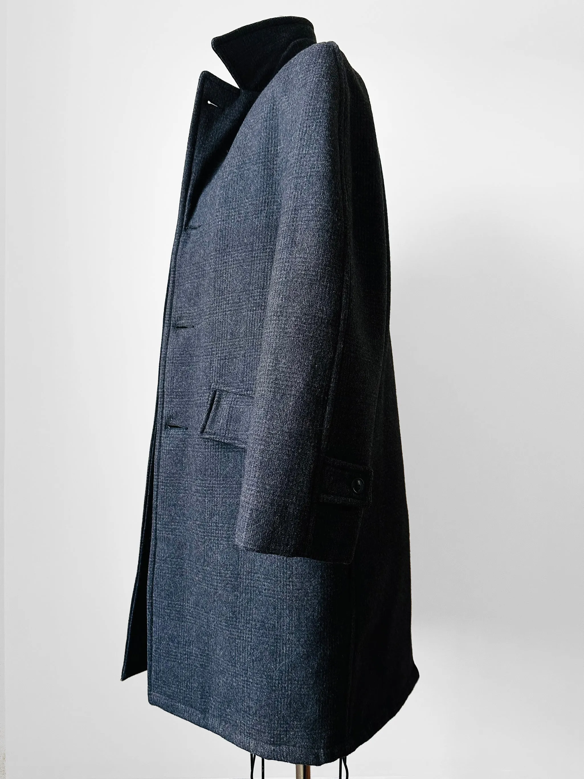1950s-1960s Charcoal Grey Quilted Faux Fur Interior Wool Plaid Coat - Sz. S/M