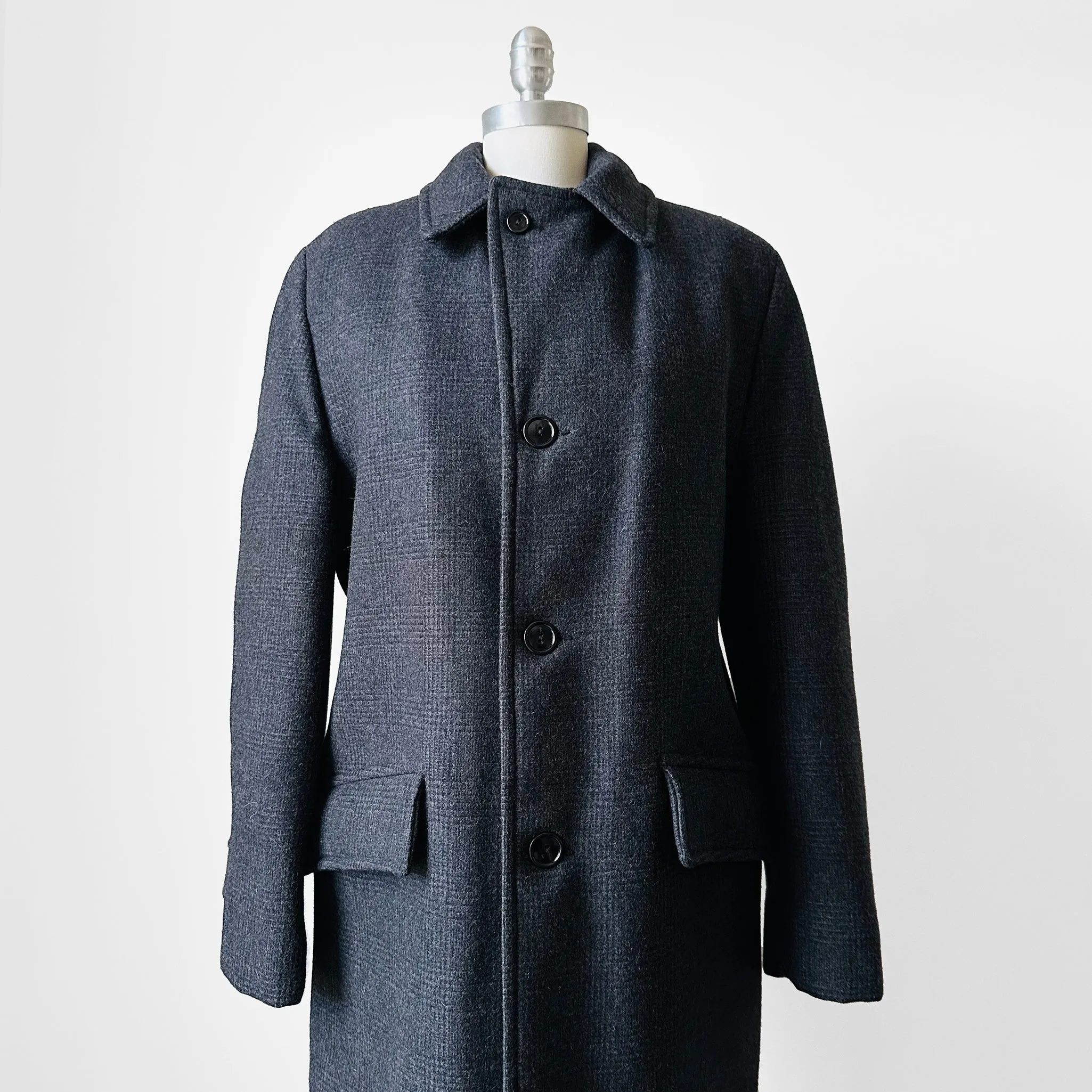 1950s-1960s Charcoal Grey Quilted Faux Fur Interior Wool Plaid Coat - Sz. S/M