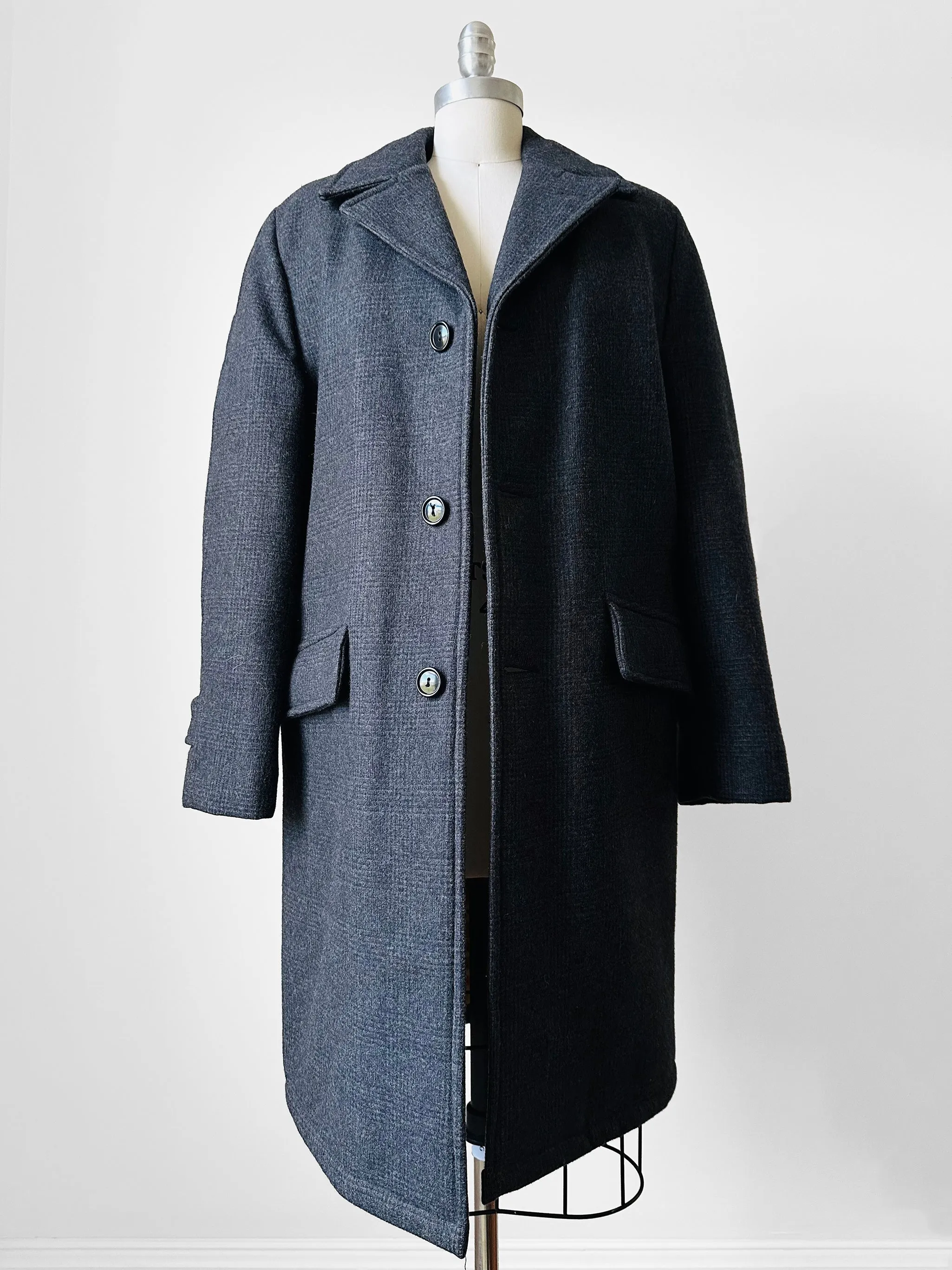 1950s-1960s Charcoal Grey Quilted Faux Fur Interior Wool Plaid Coat - Sz. S/M