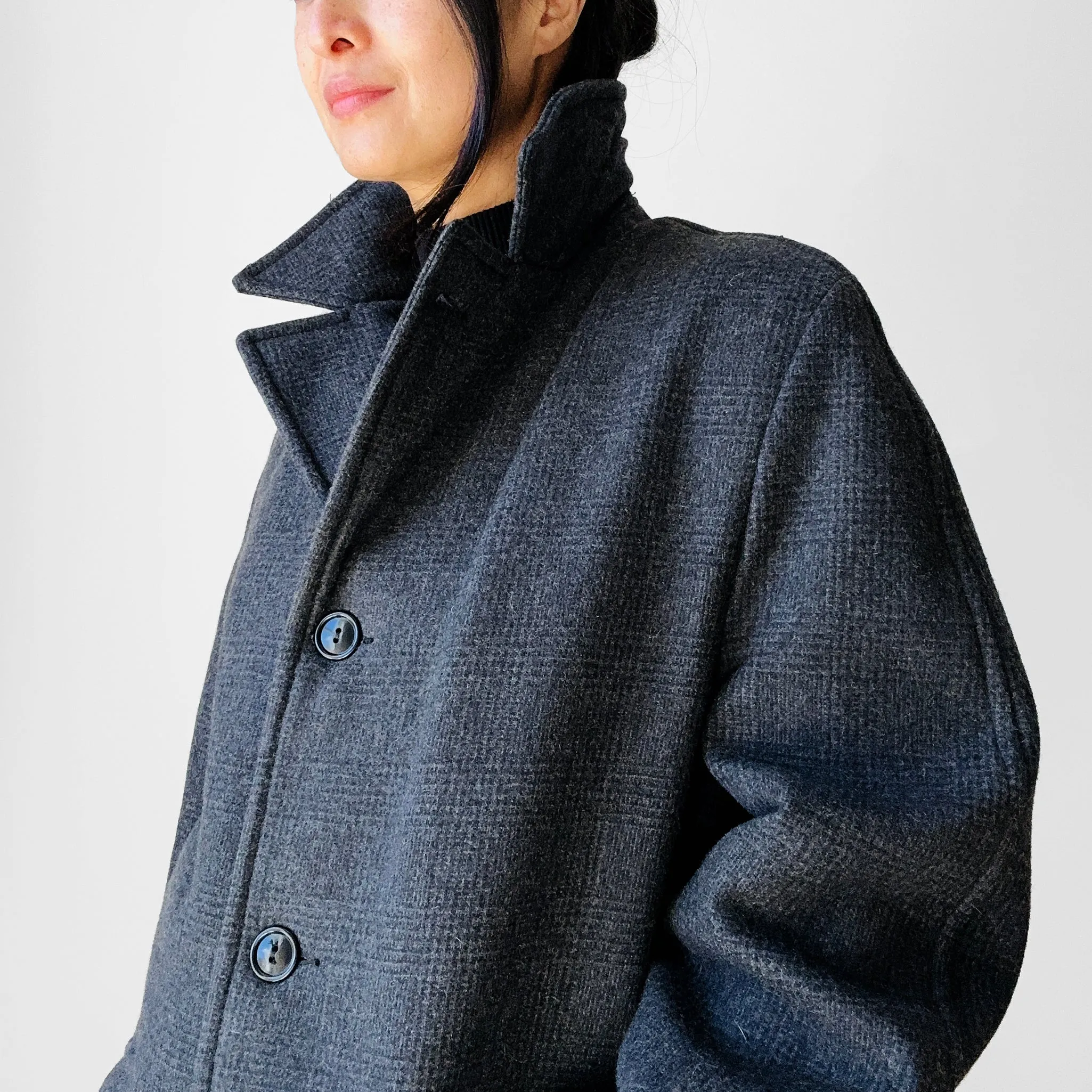 1950s-1960s Charcoal Grey Quilted Faux Fur Interior Wool Plaid Coat - Sz. S/M