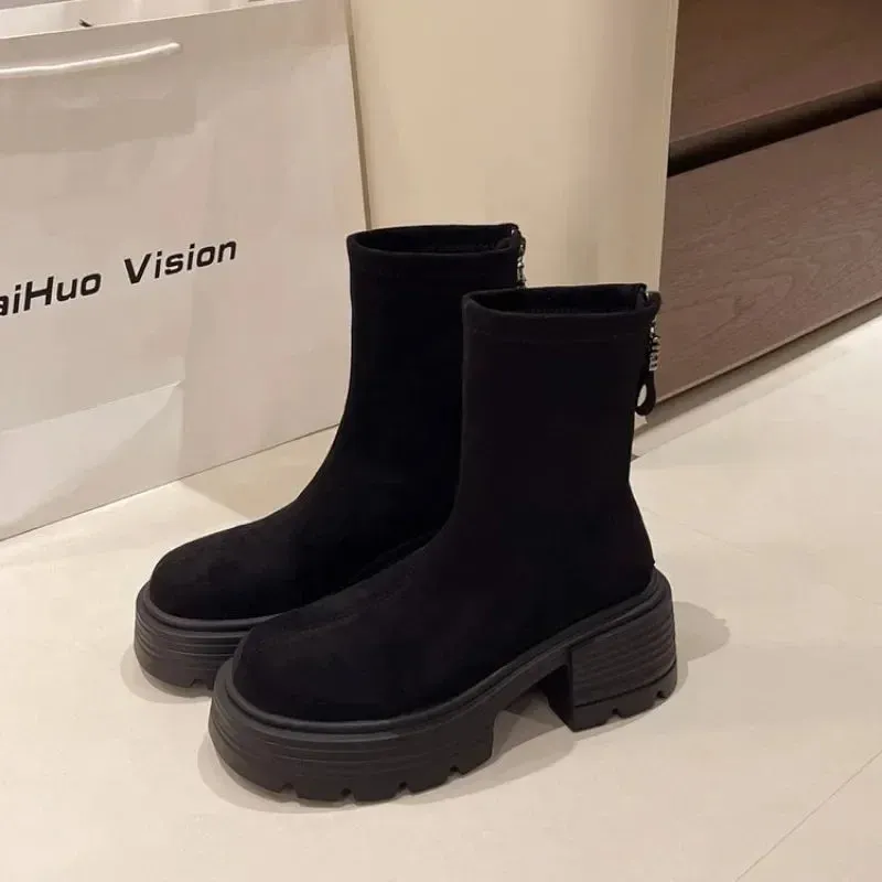 binfenxie  -  Boots Women New Zipper Female Shoes Round Toe Rock Lolita Rubber Ladies Elegant Ankle High Heel Solid Rome Riding Fabric
