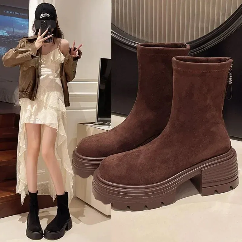 binfenxie  -  Boots Women New Zipper Female Shoes Round Toe Rock Lolita Rubber Ladies Elegant Ankle High Heel Solid Rome Riding Fabric