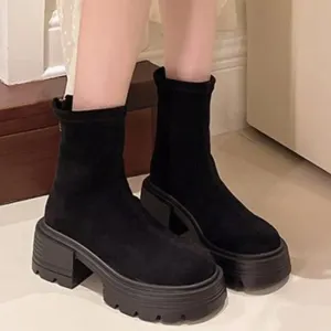 binfenxie  -  Boots Women New Zipper Female Shoes Round Toe Rock Lolita Rubber Ladies Elegant Ankle High Heel Solid Rome Riding Fabric