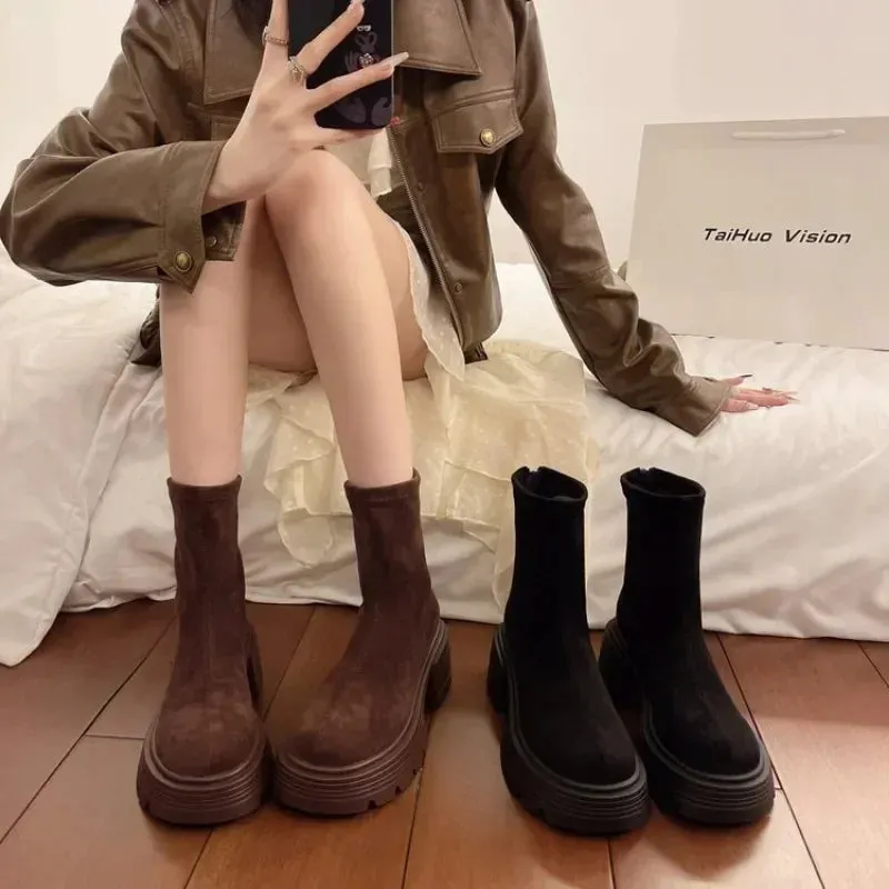 binfenxie  -  Boots Women New Zipper Female Shoes Round Toe Rock Lolita Rubber Ladies Elegant Ankle High Heel Solid Rome Riding Fabric