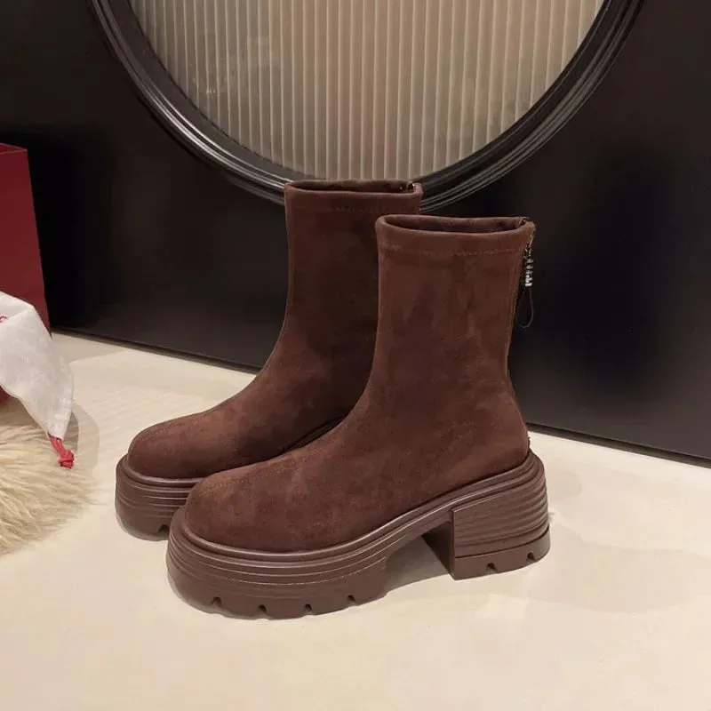 binfenxie  -  Boots Women New Zipper Female Shoes Round Toe Rock Lolita Rubber Ladies Elegant Ankle High Heel Solid Rome Riding Fabric