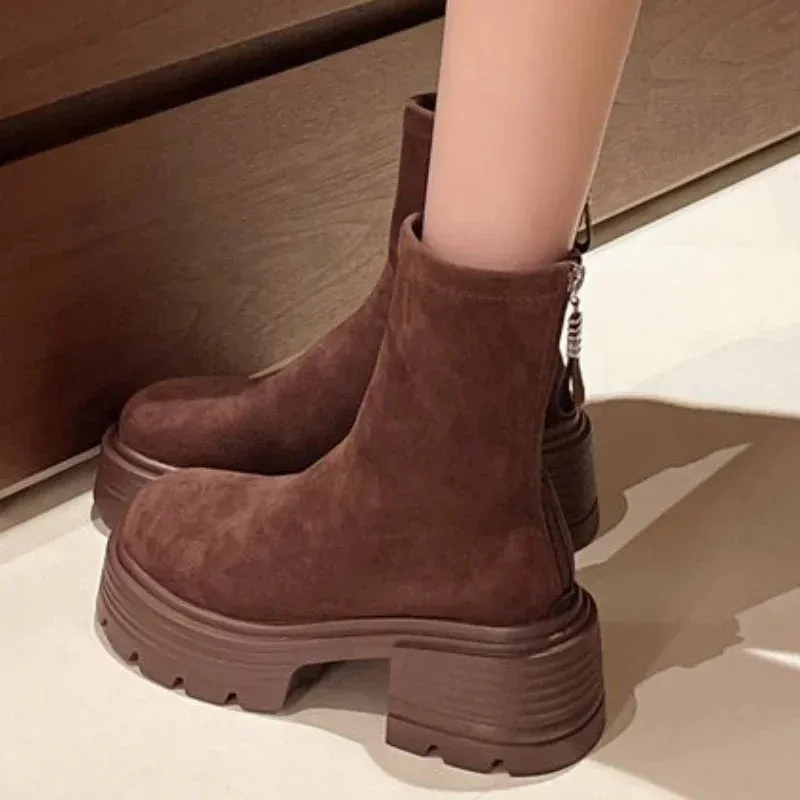 binfenxie  -  Boots Women New Zipper Female Shoes Round Toe Rock Lolita Rubber Ladies Elegant Ankle High Heel Solid Rome Riding Fabric