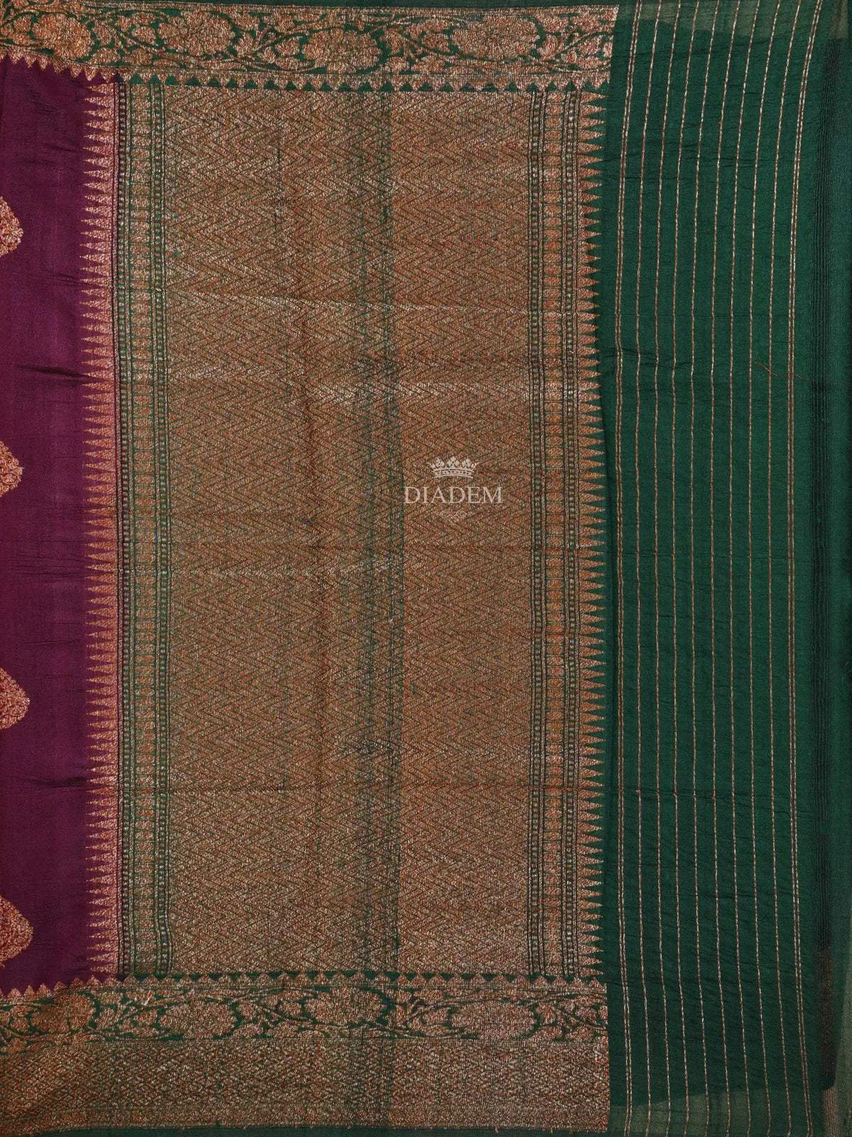 Burgandy Banarasi Saree with Leaf Motif on the Body with Zari Border