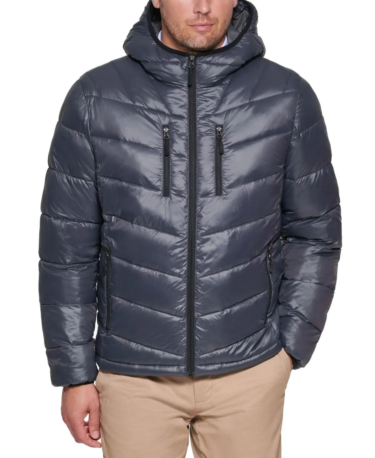 Club Room Mens Puffer Jacket Coat Large Grey Hooded Solid