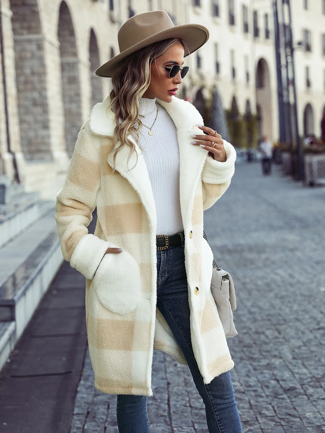 Color Blocking Plaid Fleece Coat