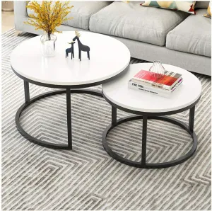 Dime Arts Shoppee Home Décor Furniture Round Side Tea Coffee Table Set of 2 MDF Top Couch Table Stacking Nesting Table with Iron Frame for Bed Room Living Room or Lounge & Office (White)