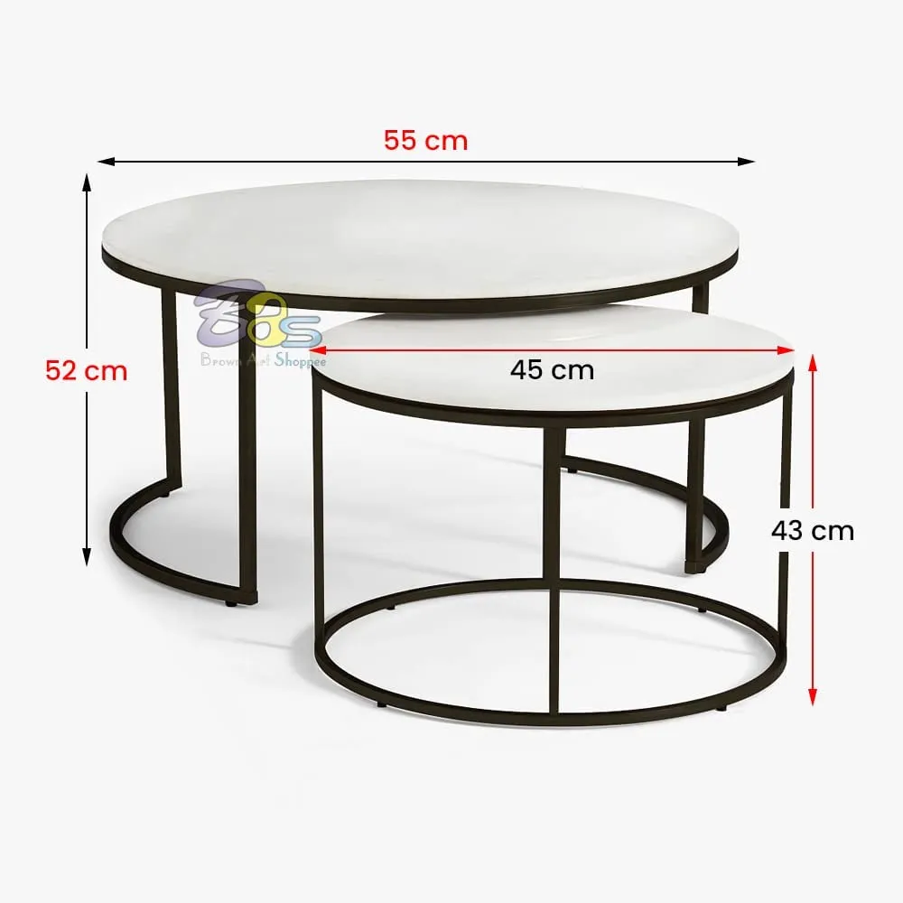 Dime Arts Shoppee Home Décor Furniture Round Side Tea Coffee Table Set of 2 MDF Top Couch Table Stacking Nesting Table with Iron Frame for Bed Room Living Room or Lounge & Office (White)
