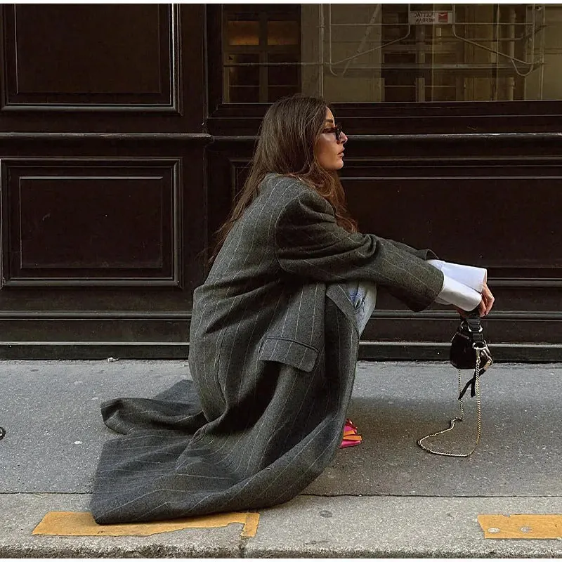 Elegant Oversized Striped Tweed Coat
