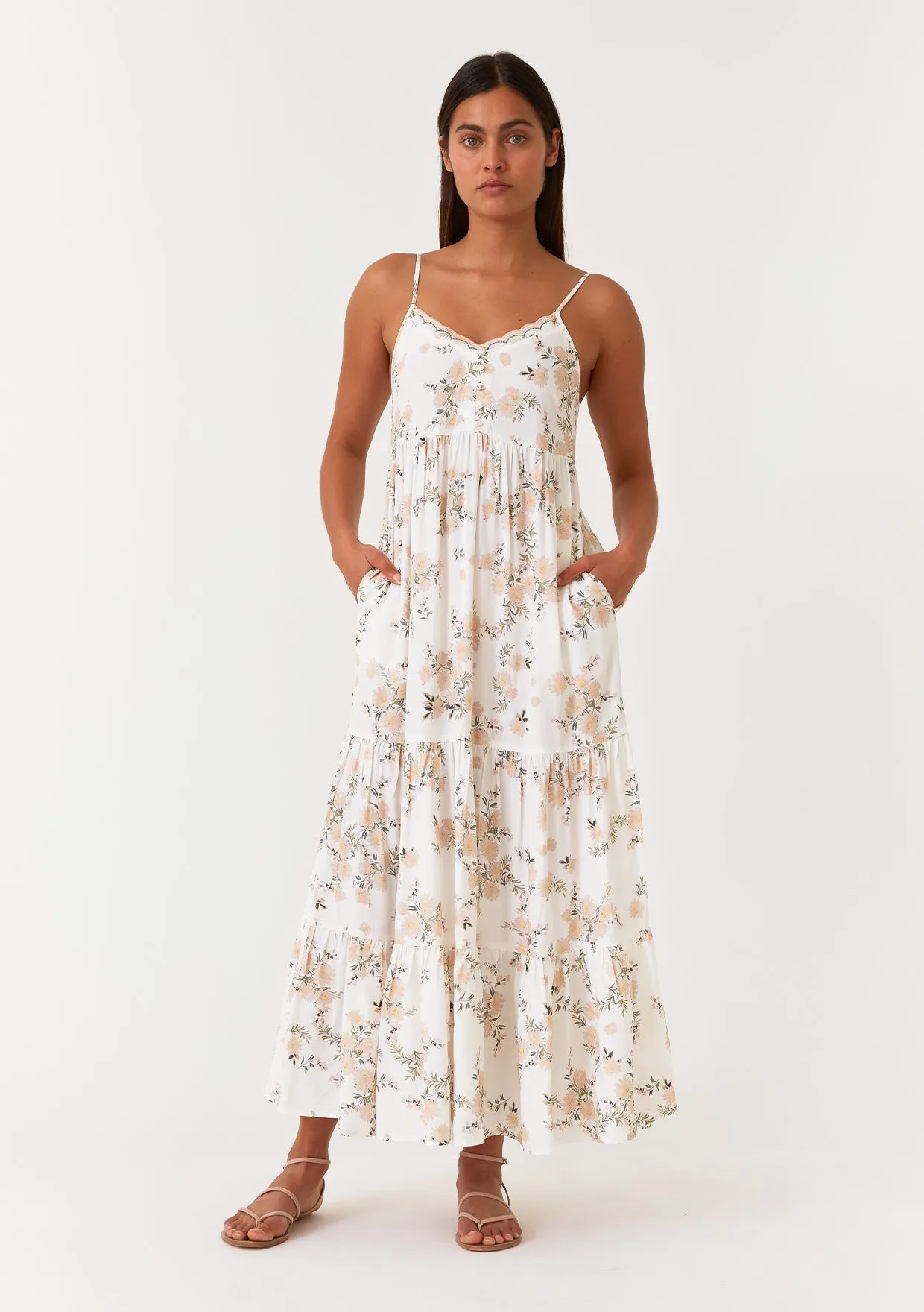 Floral Spaghetti Strap V Neck Tiered Maxi Dress