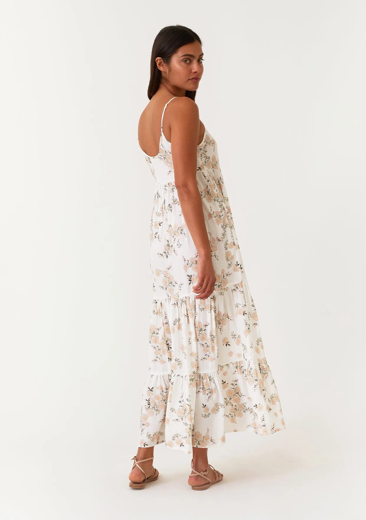 Floral Spaghetti Strap V Neck Tiered Maxi Dress