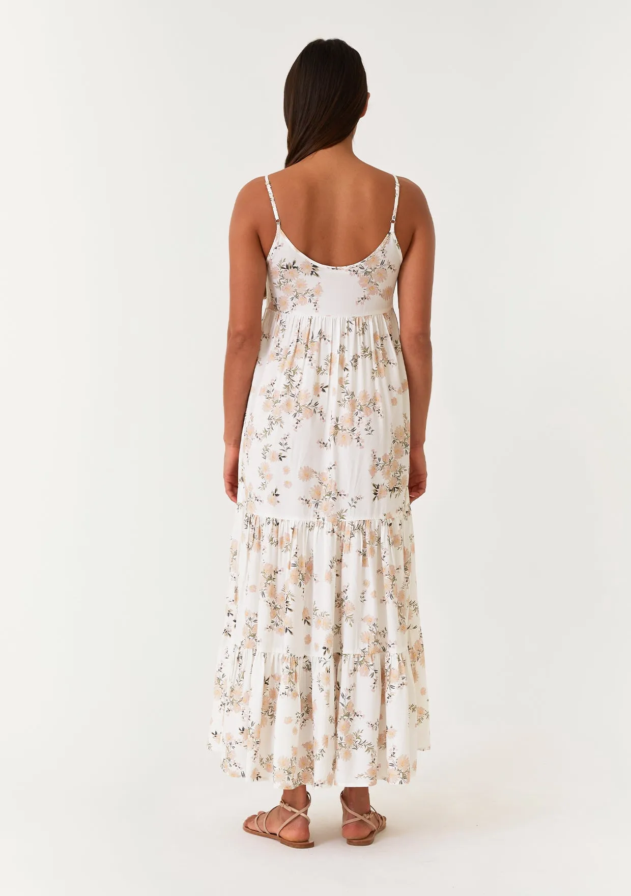 Floral Spaghetti Strap V Neck Tiered Maxi Dress