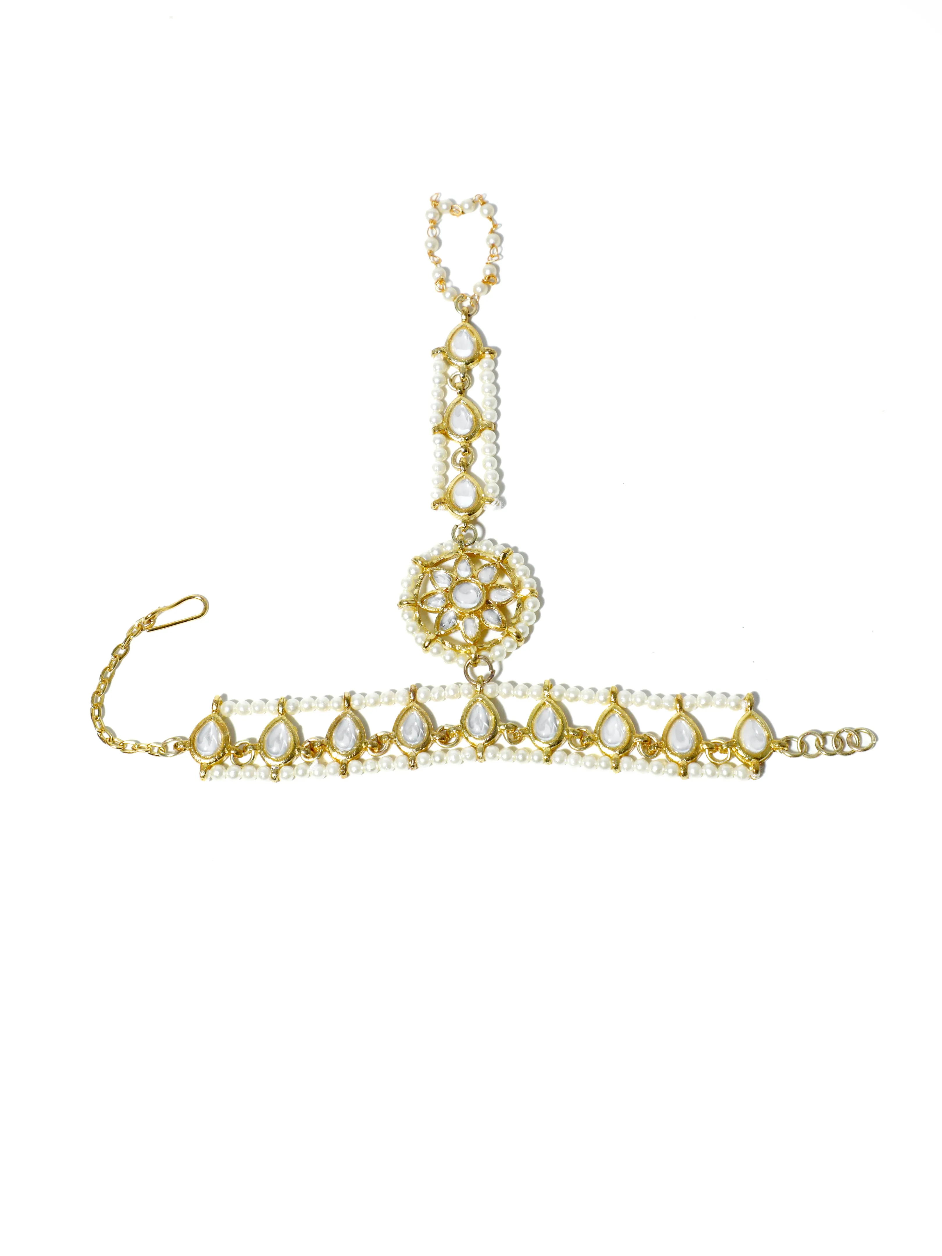 Gold-Plated Kundan Pearl Chain Hathphool