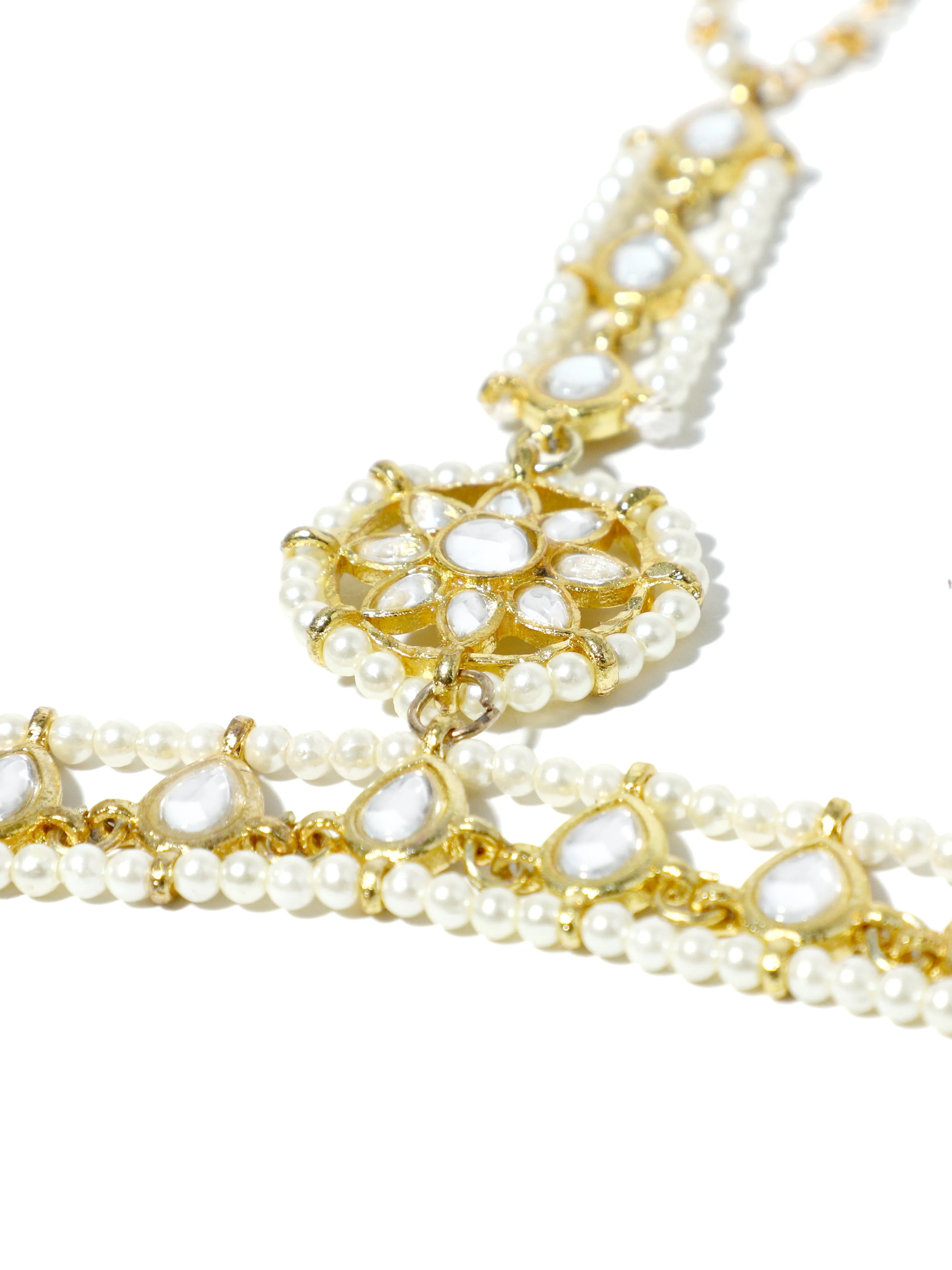 Gold-Plated Kundan Pearl Chain Hathphool