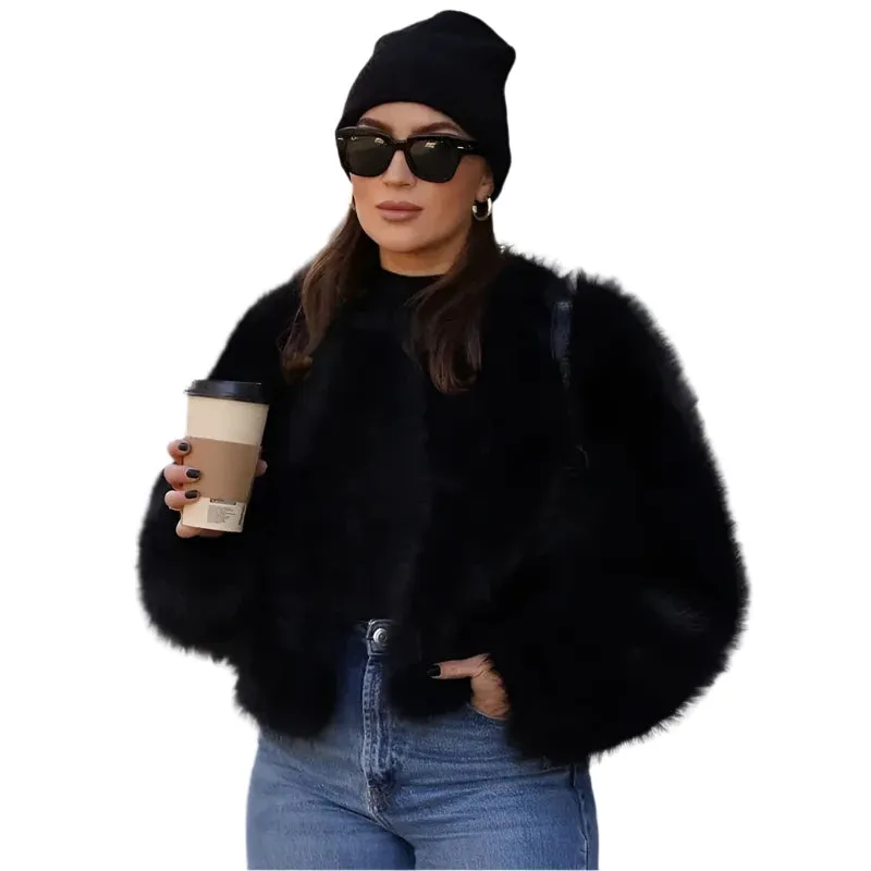 Gradient Faux Fur Cropped Jacket – Iconic Streetwear for Women, Winter  Fluffy Luxury Coat