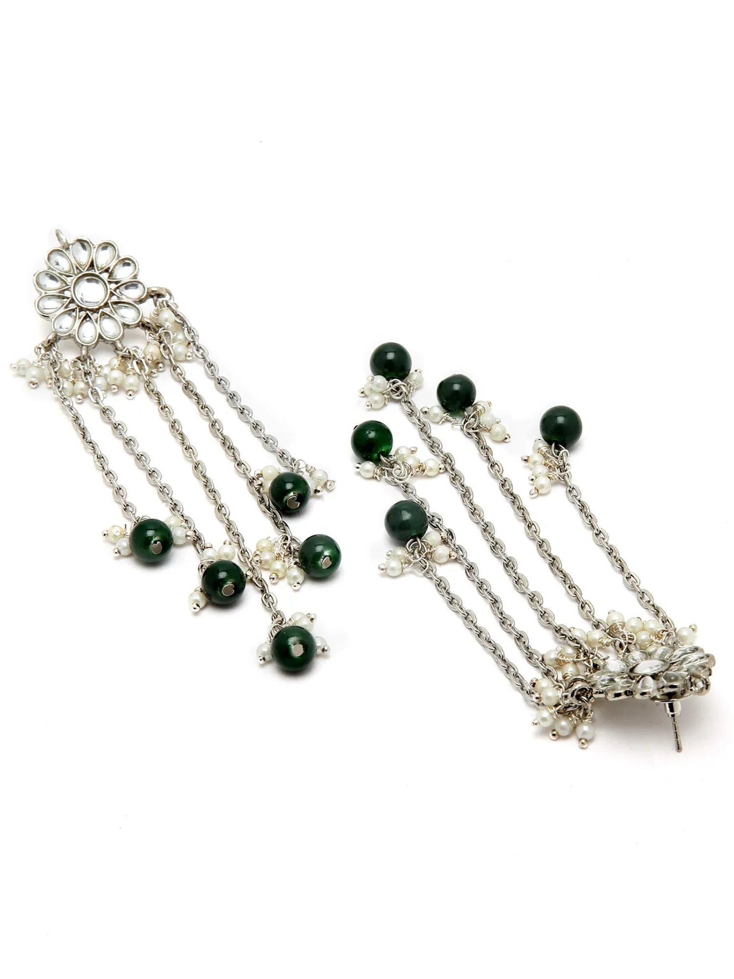 Green Beads Oxidised Silver Kundan Tessel Earrings for Women