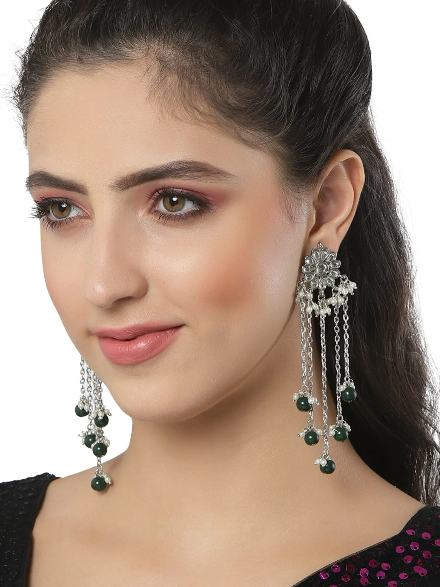 Green Beads Oxidised Silver Kundan Tessel Earrings for Women