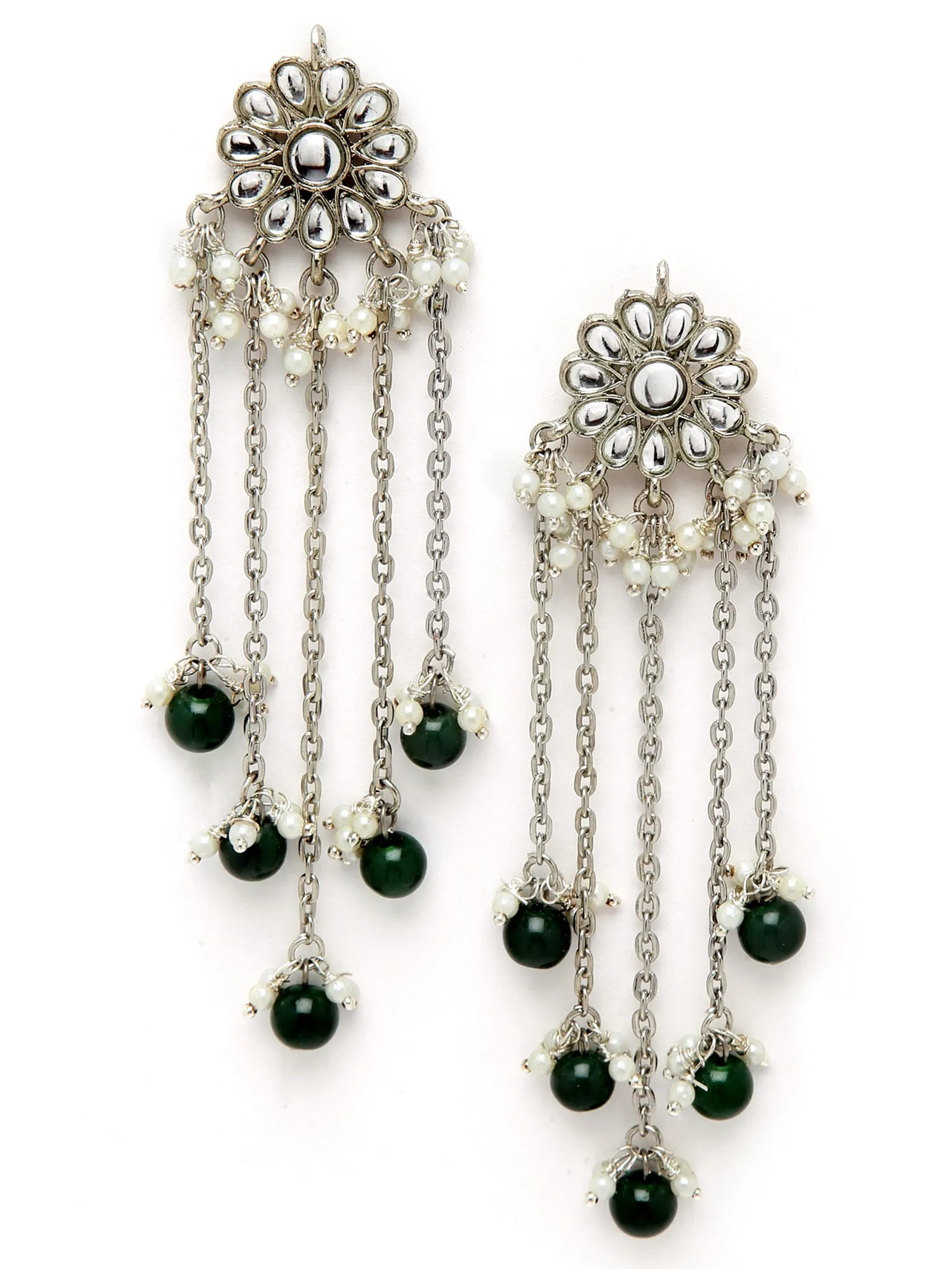 Green Beads Oxidised Silver Kundan Tessel Earrings for Women