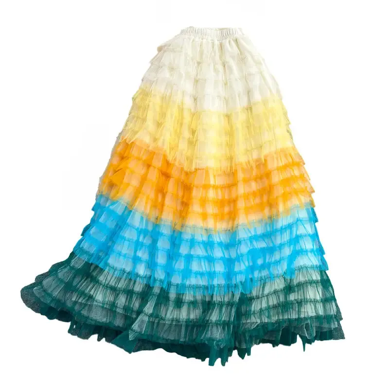 High-Waist Rainbow Tulle Maxi Skirt