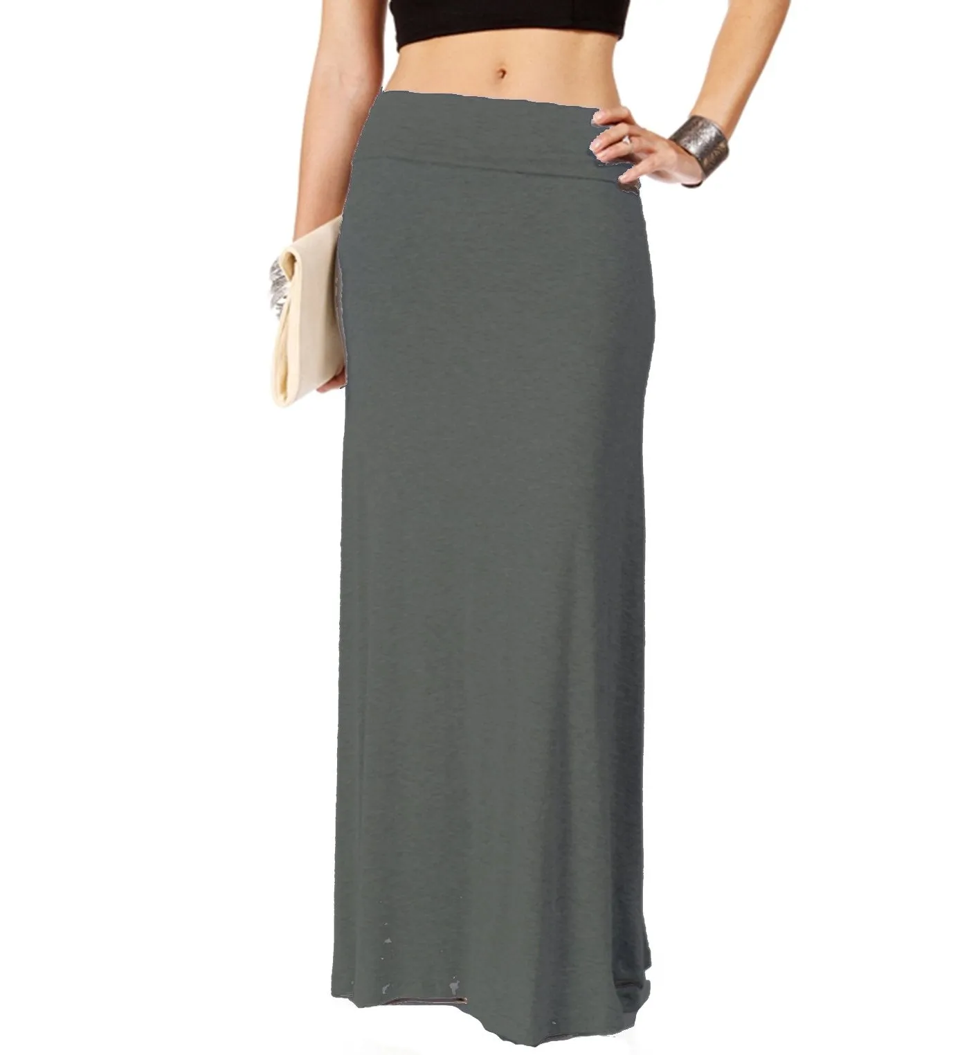 Hollywood Star Fashion Women's Basic Stretch Solid Colored Plain Maxi Long Skirt