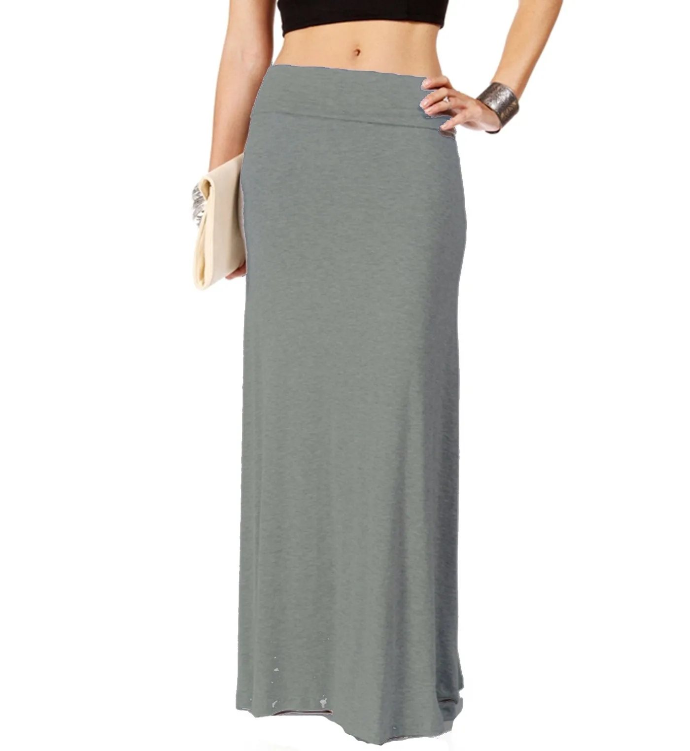 Hollywood Star Fashion Women's Basic Stretch Solid Colored Plain Maxi Long Skirt
