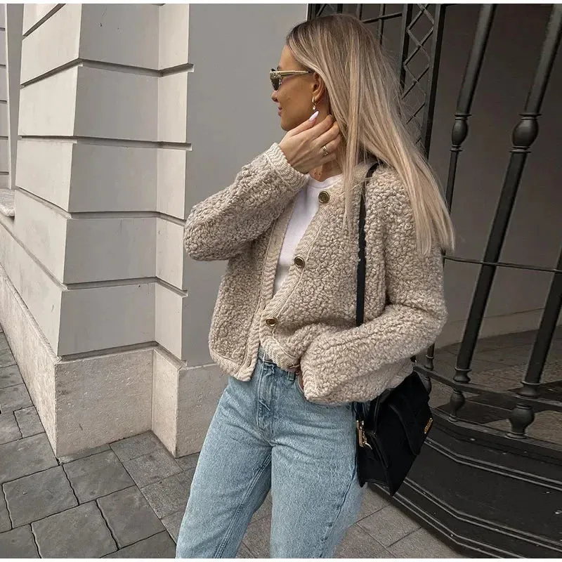 Lamb Wool O-Neck Long Sleeve Coat