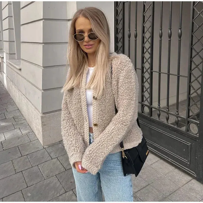 Lamb Wool O-Neck Long Sleeve Coat
