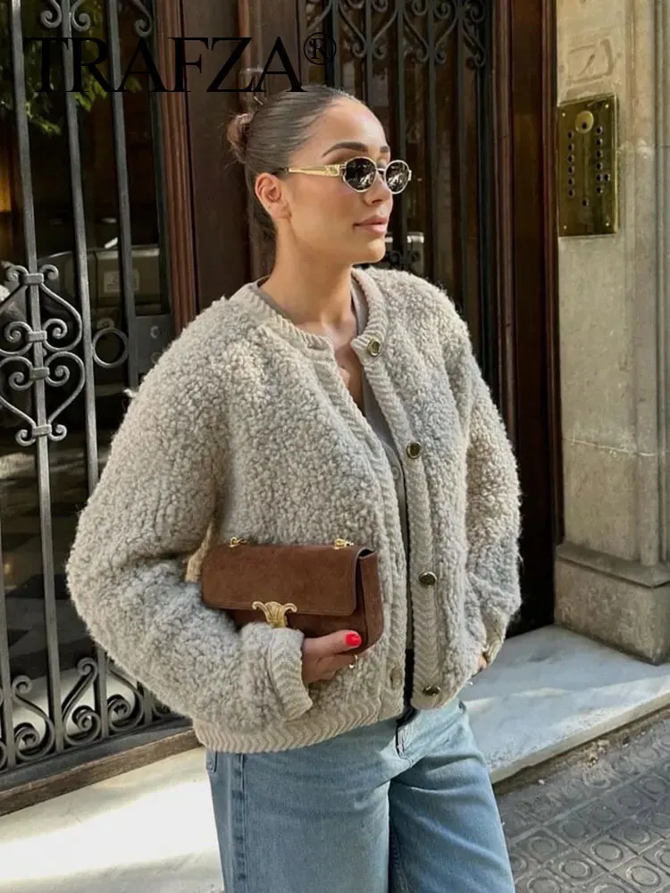 Lamb Wool O-Neck Long Sleeve Coat