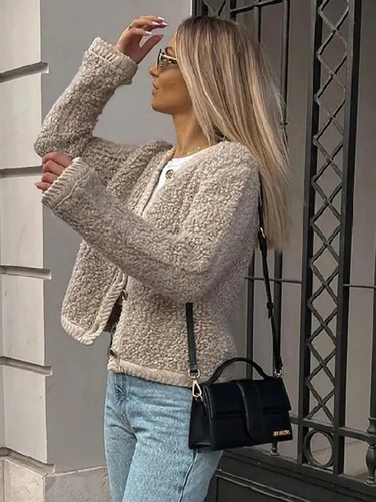 Lamb Wool O-Neck Long Sleeve Coat