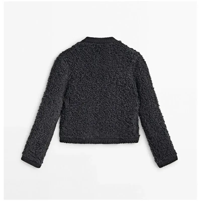 Lamb Wool O-Neck Long Sleeve Coat