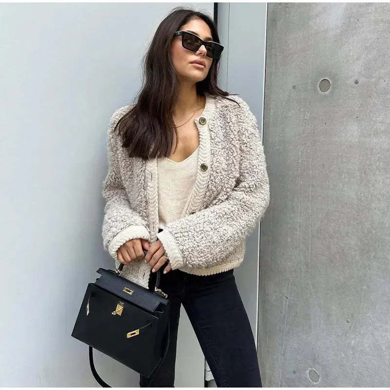 Lamb Wool O-Neck Long Sleeve Coat