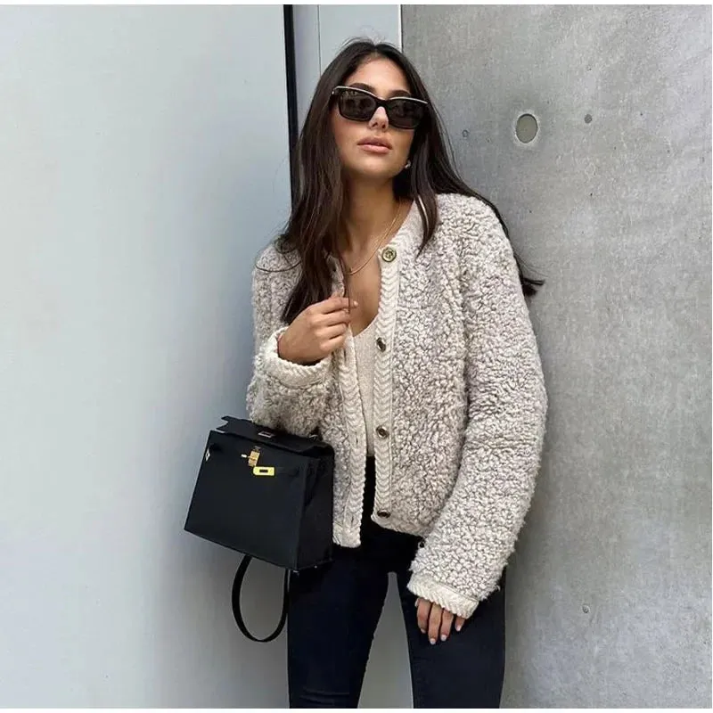 Lamb Wool O-Neck Long Sleeve Coat