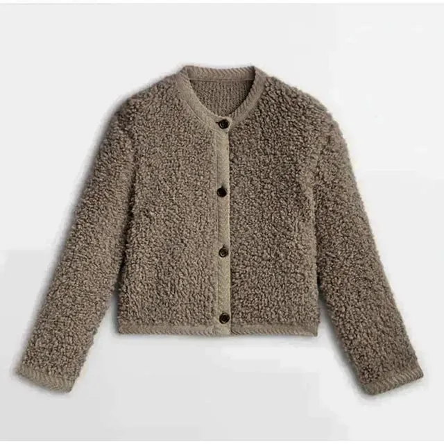 Lamb Wool O-Neck Long Sleeve Coat