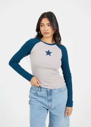 LONG SLEEVE CONTRAST BODY T-SHIRT WITH STAR PRINT, BLUE