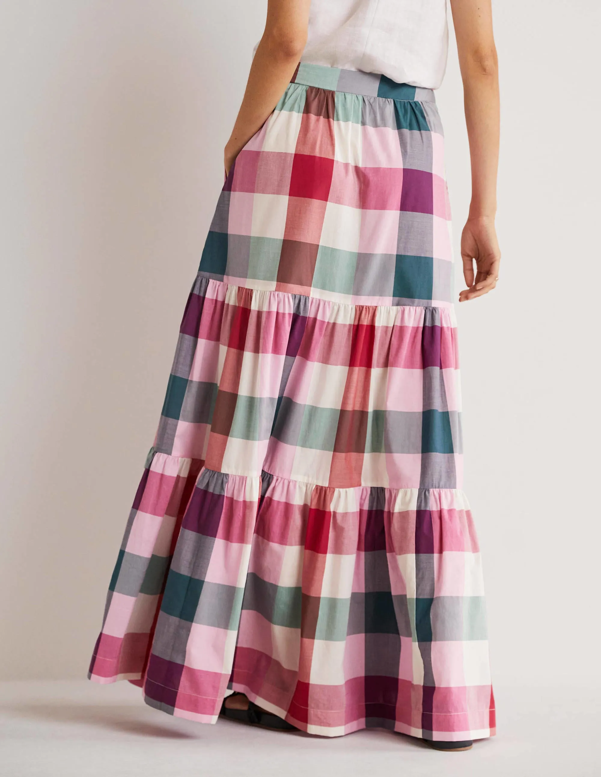 Lorna Tiered Maxi Skirt-Bonbon Pink Flambe Check