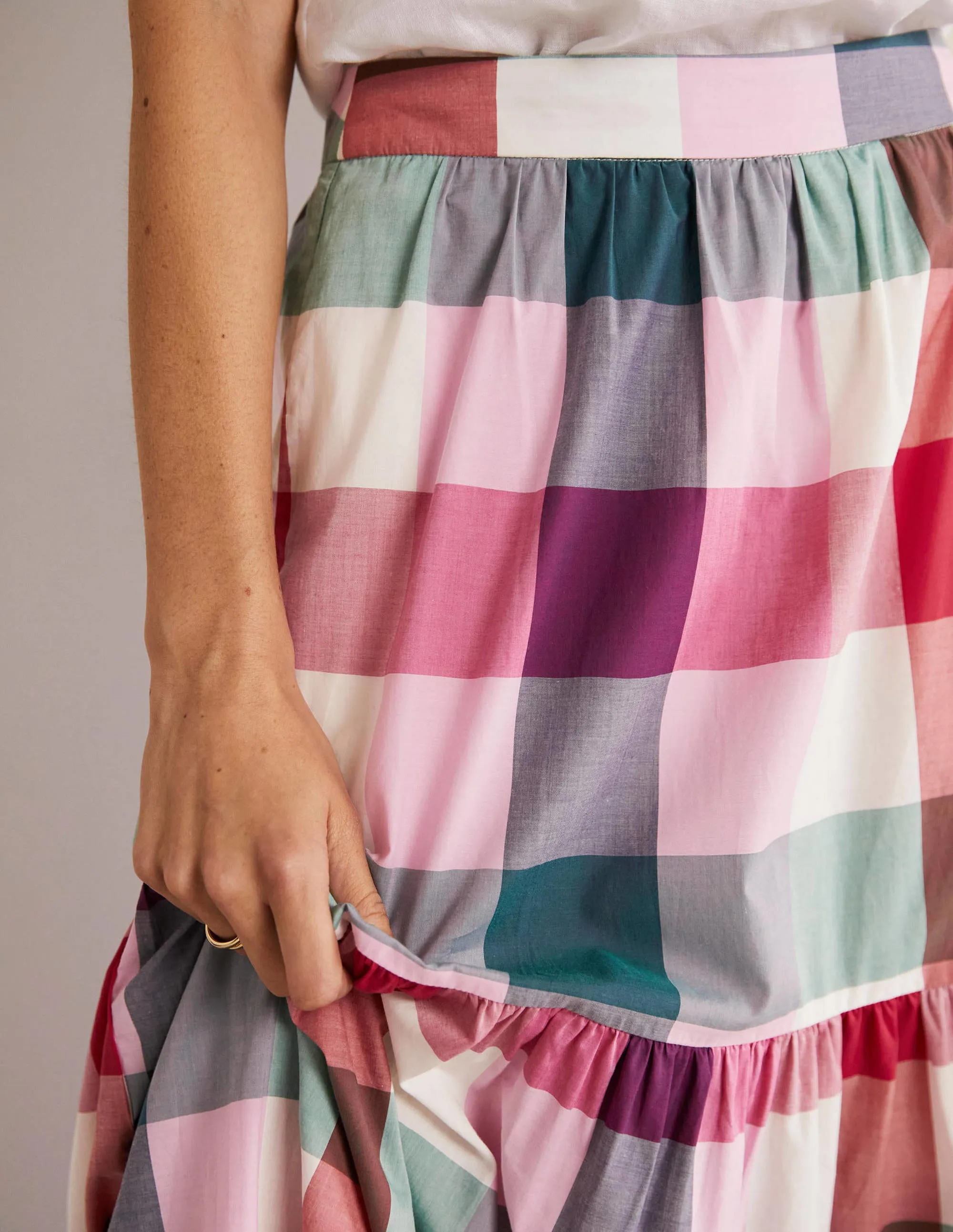 Lorna Tiered Maxi Skirt-Bonbon Pink Flambe Check
