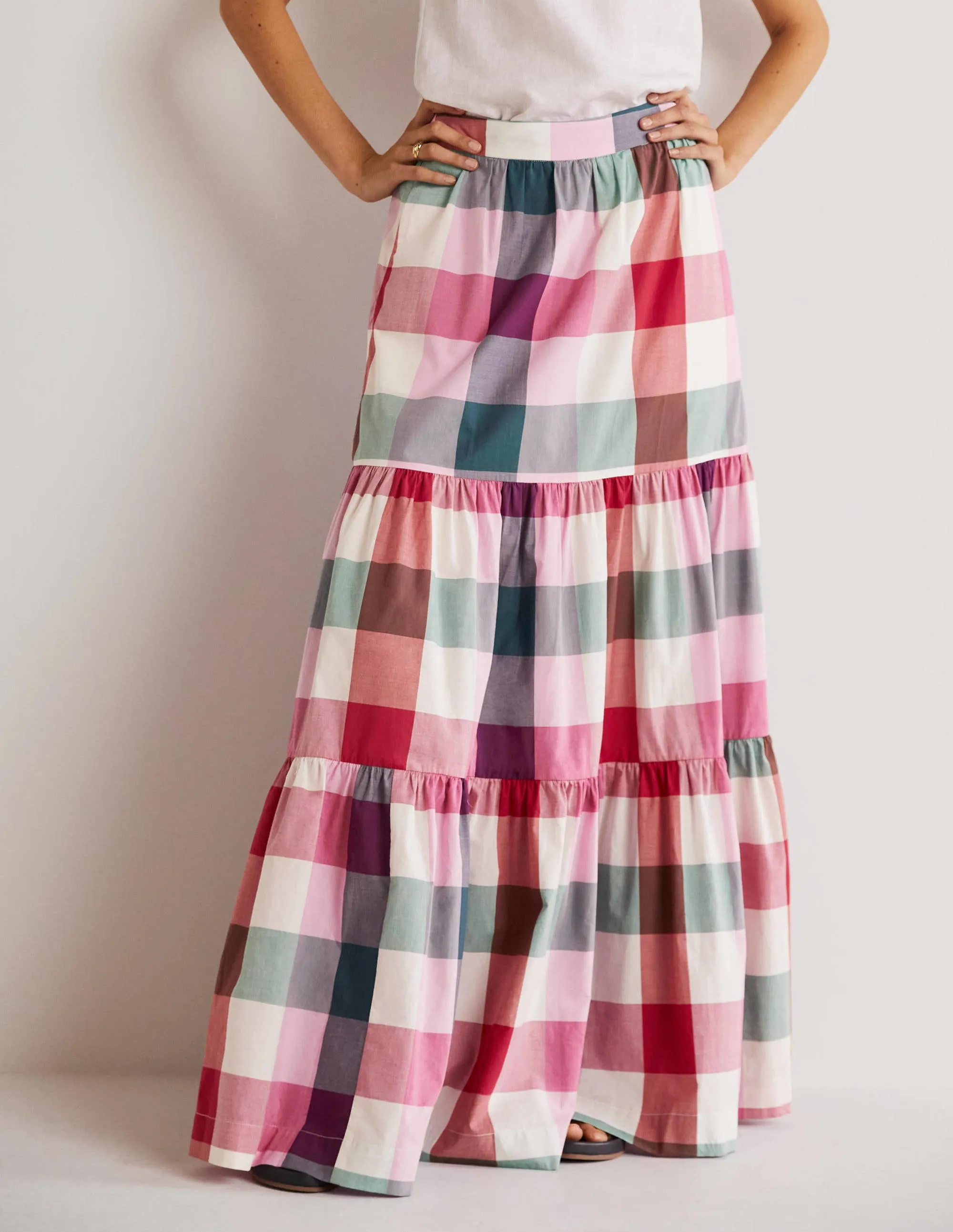 Lorna Tiered Maxi Skirt-Bonbon Pink Flambe Check