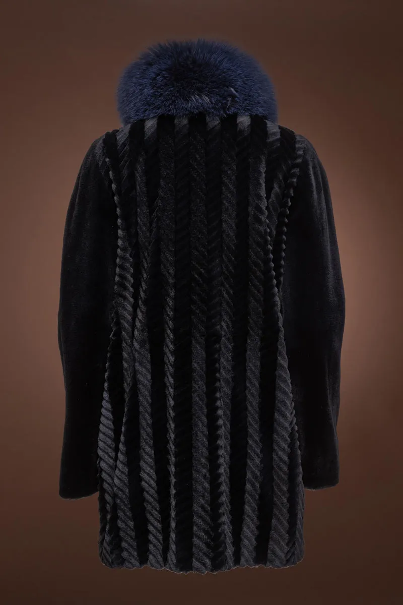 Navy Blue Grooved Sheared Mink & Fox Fur Coat