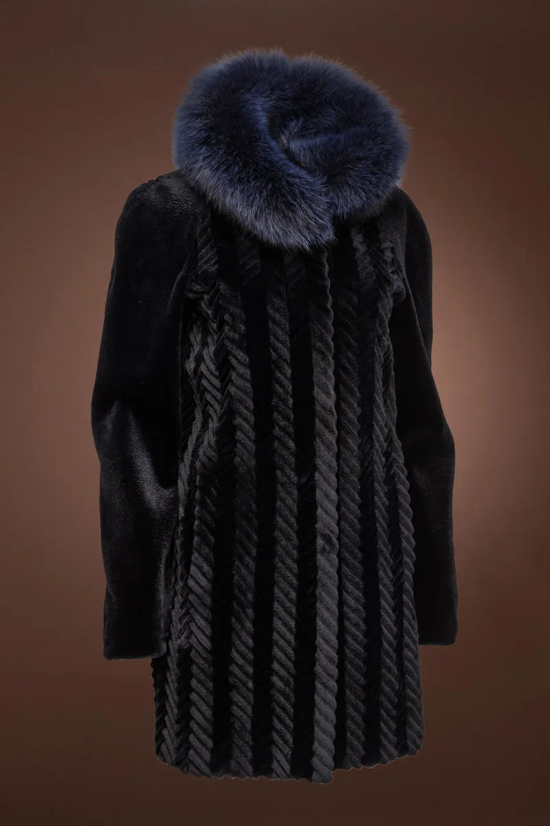 Navy Blue Grooved Sheared Mink & Fox Fur Coat
