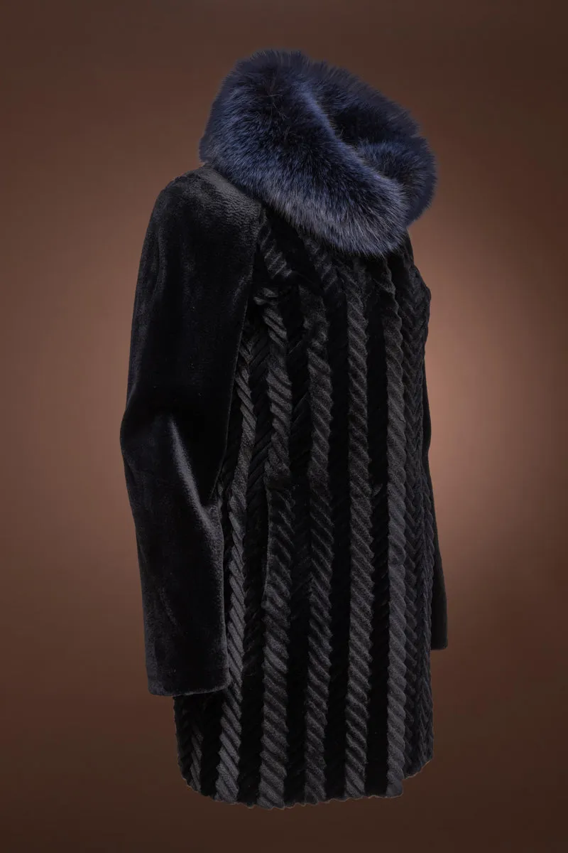 Navy Blue Grooved Sheared Mink & Fox Fur Coat