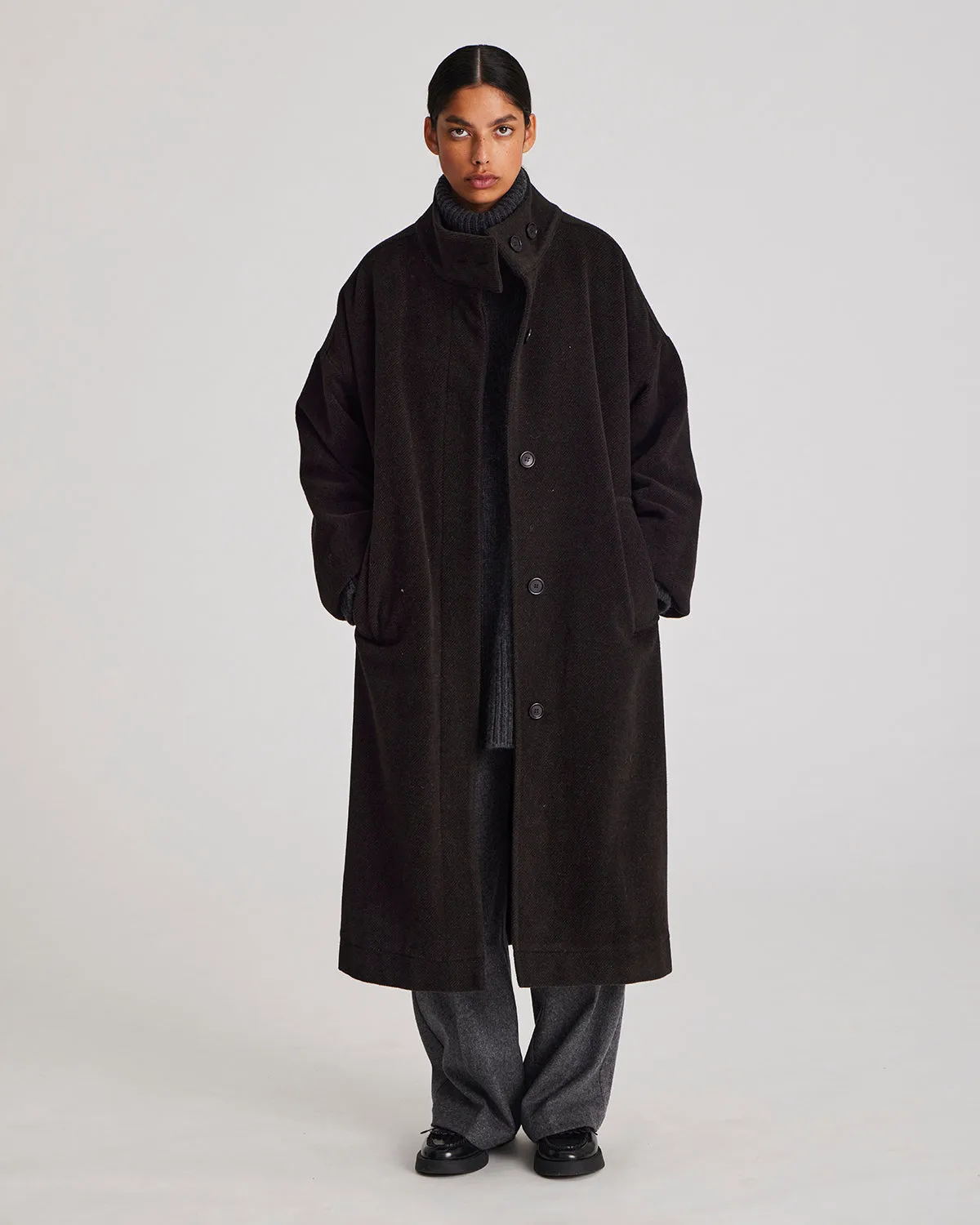Nellie Wool Coat - Mulch/ Ecru Herringbone